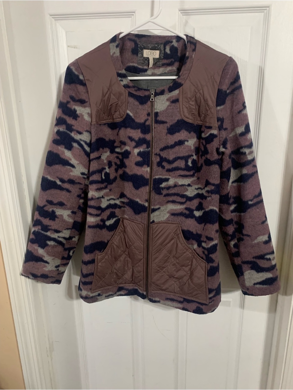 LOGO by Lori Goldstein Mauve and Navy Camouflage Teddy Jacket
